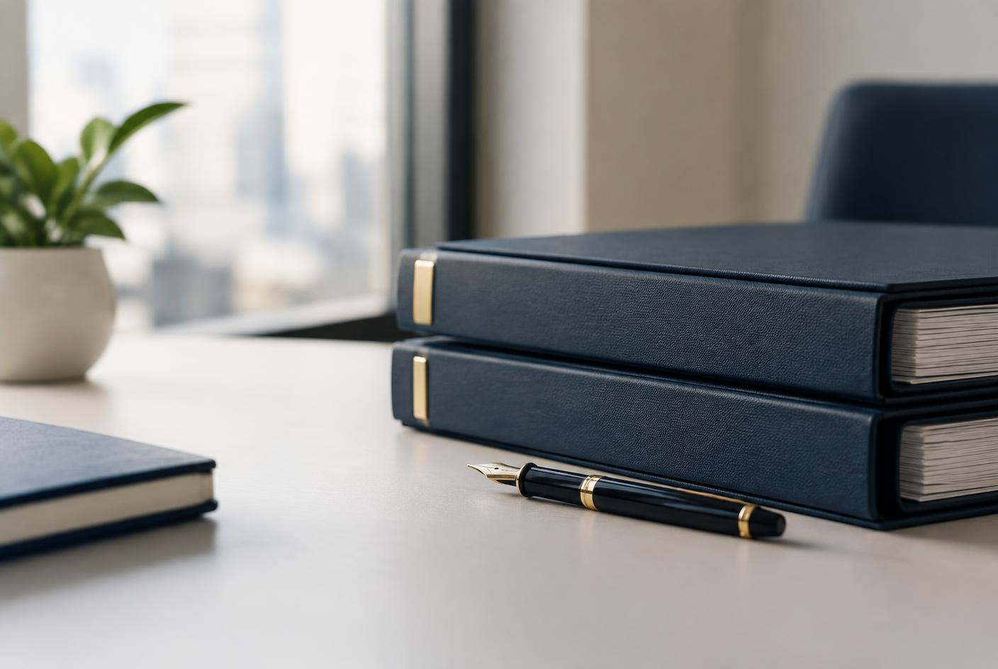 Bound legal files and a fountain pen on a desk